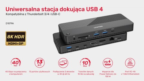 Unitek Stacja dokująca 12w1 USB-C, HDMI 2.1, USB 4, PD 100W; D1079A