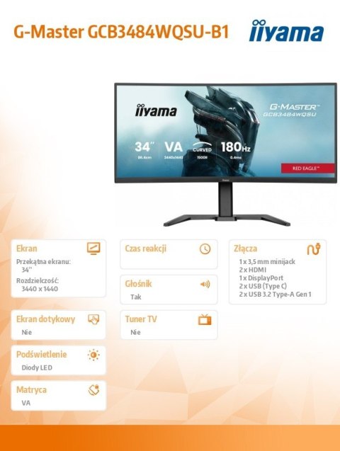 IIYAMA Monitor G-Master 34 cale GCB3484WQSU-B1,VA,UWQHD,180Hz, HDR400, 1500R, 21:9, 0.4ms, 500cd/m2, 2x5W, USB-c, PiP