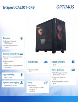 OPTIMUS Komputer E-Sport GA520T-CR9 Ryzen 5 3600/16GB/1TB/RX 6600 8GB/W11H