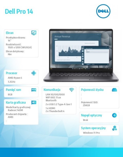 Dell Laptop Dell Pro 14 PC14255/AMD Ryzen 5 220/8GB/256GB CL35/14.0 FHD+/AMD Radeon 740M/FgrPr/Cam&Mic/WLAN+BT/Backlit Kb/3 Cell/W11P