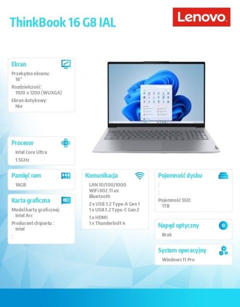 Lenovo Notebook ThinkBook 16 G8 21SK008NPB W11Pro Ultra 7 255H/16GB/1TB/INT/16.0 WUXGA/Luna Grey/3YRS OS + CO2 Offset