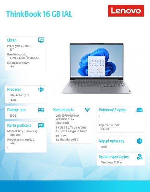 Lenovo Notebook ThinkBook 16 G8 21SK008QPB W11Pro Ultra 7 255H/16GB/512GB/INT/16.0 WUXGA/Luna Grey/3YRS OS + CO2 Offset
