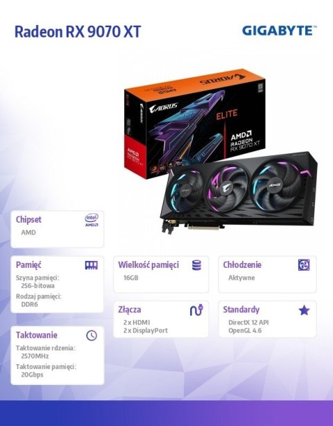 Gigabyte Karta graficzna Radeon RX 9070 XT AORUS ELITE 16GB GDDR6 256bit DP/HDMI