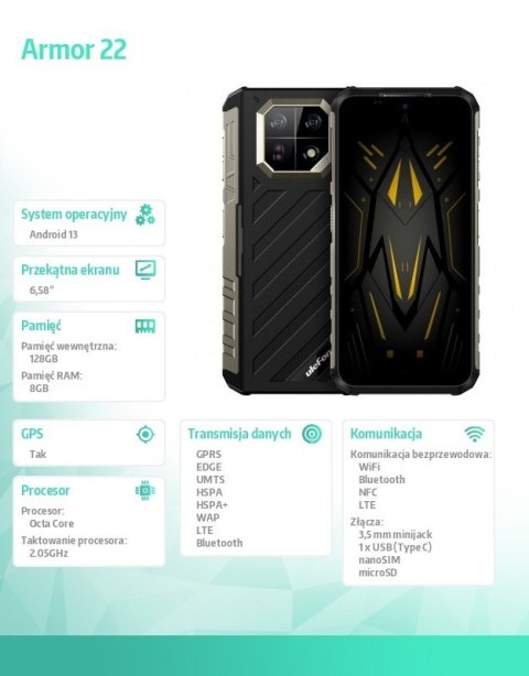 ULEFONE Smartfon Armor 22 4G 8/128GB IP69K Czarny
