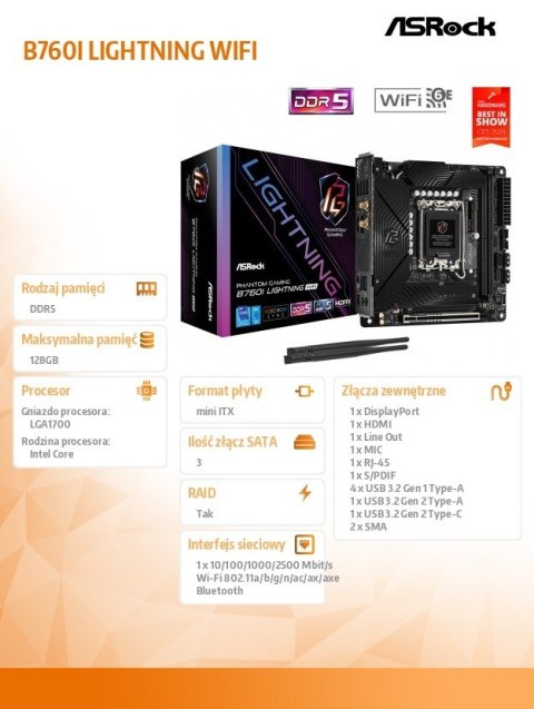 ASRock Płyta główna B760I LIGHTNING WIFI s1700 2DDR5 mITX DP/HDMI
