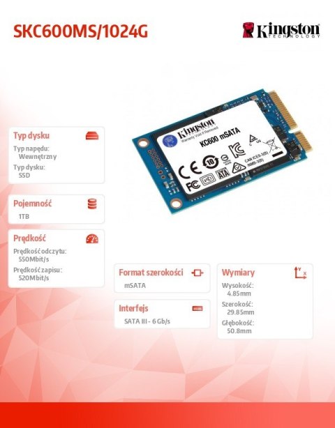 Kingston Dysk SSD SKC600 1024GB mSATA 550/520 MB/s