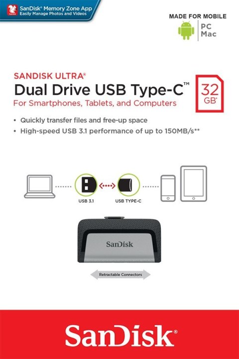 SanDisk Pamięć Ultra Dual Drive 32GB USB 3.1 Type-C 150MB/s