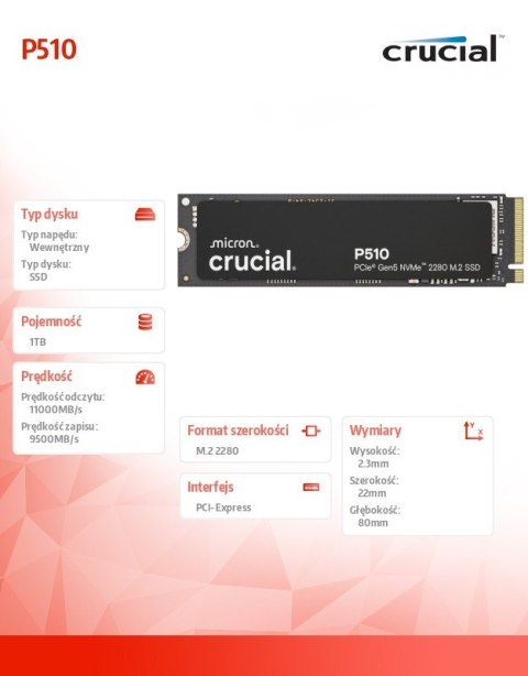 Crucial Dysk SSD P510 1TB M.2 NVMe Gen5 2280 11000/9500 MB/s