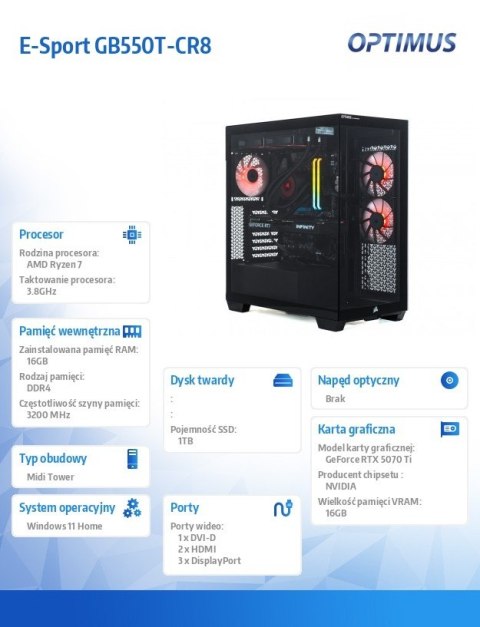 OPTIMUS Komputer E-Sport GB550T-CR8 Ryzen 7 5800X/16GB/1TB/RTX 5060 Ti 16GB/W11H