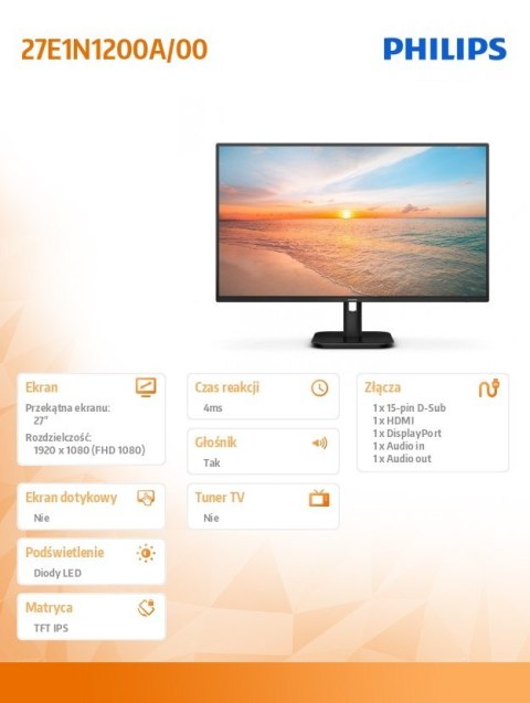 Philips Monitor 27E1N1200A 27 cali IPS 120Hz HDMI DP VGA Głośniki