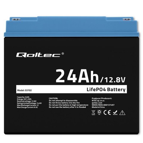 Qoltec Akumulator LiFePO4 Litowo-Żelazowo-Fosforanowy | 12.8V | 24Ah | 307.2Wh | BMS