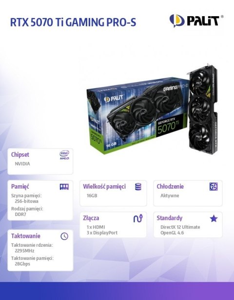 Palit Karta graficzna GeForce RTX 5070 Ti GAMING PRO-S 16GB GDDR7 256bit 3DP/HDMI
