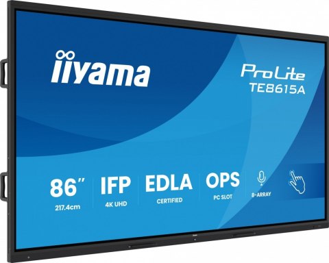 IIYAMA Monitor 86 cali TE8615A-B1AG IPS,4K,40pkt,550cd,DeepContrast-IR+, HDMI x2,DP,USB-C, 2 x 20W, OPS Slot x1, 5xUSB, 2xRJ45,8-Arr