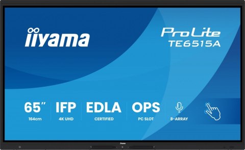 IIYAMA Monitor 65 cali TE6515A-B1AG IPS,4K,40pkt,550cd,DeepContrast-IR+, HDMI x2,DP,USB-C, 2 x 20W, OPS Slot x1, 5xUSB, 2xRJ45,8-Arr