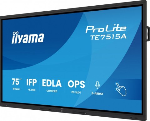 IIYAMA Monitor 75 cali TE7515A-B1AG IPS,4K,40pkt,550cd,DeepContrast-IR+, HDMI x2,DP,USB-C, 2 x 20W, OPS Slot x1, 5xUSB, 2xRJ45,8-Arr