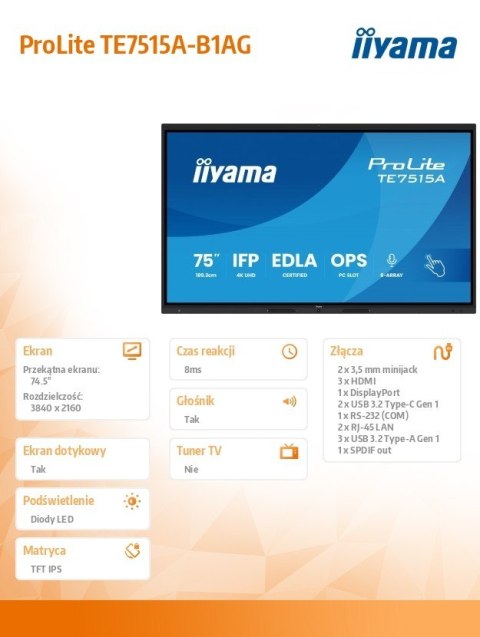 IIYAMA Monitor 75 cali TE7515A-B1AG IPS,4K,40pkt,550cd,DeepContrast-IR+, HDMI x2,DP,USB-C, 2 x 20W, OPS Slot x1, 5xUSB, 2xRJ45,8-Arr