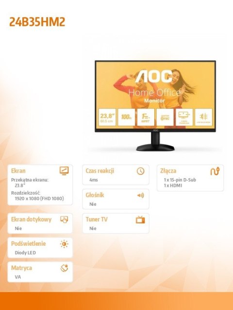AOC Monitor 24B35HM2 23.8 cali VA 100Hz HDMI VGA
