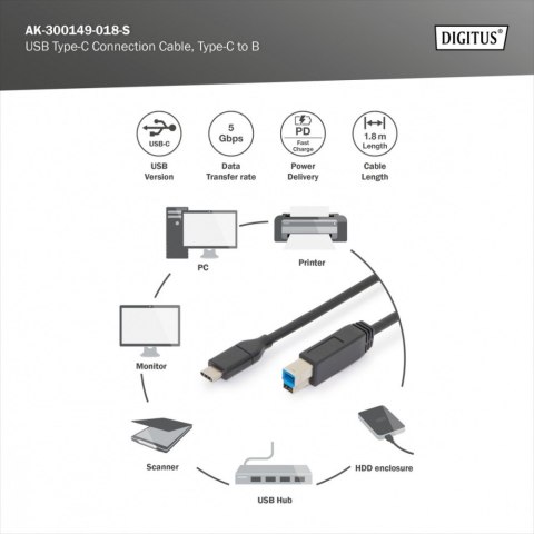 Digitus Kabel połączeniowy USB 3.0 SuperSpeed 5Gbps Typ USB C/B M/M Power Delivery czarny 1.8m