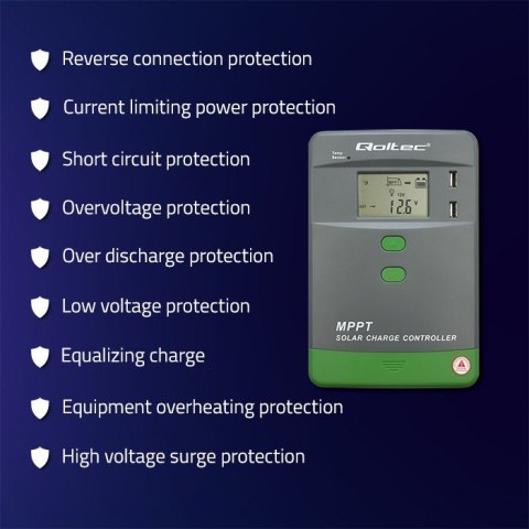 Qoltec Solarny regulator ładowania MPPT z czujnikiem temperatury 30A | 12V/24V | LCD | 2xUSB | Bluetooth | APP | GEL | LiFePO4