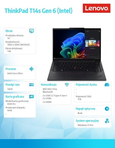 Lenovo Ultrabook ThinkPad T14s G6 21QX00HEPB W11Pro Ultra 7 258V/32GB/1TB/INT/14.0 WUXGA/Touch/3YRS Premier Support + CO2 Offset