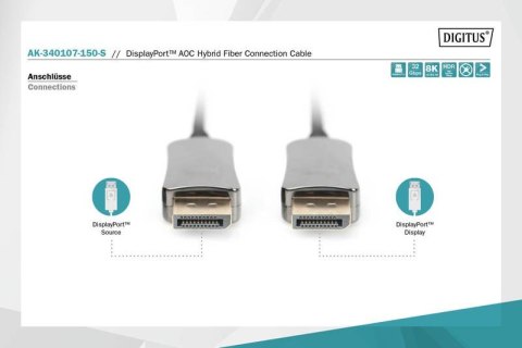 Digitus Kabel połączeniowy hybrydowy AOC DisplayPort 1.4 8K/60Hz UHD DP/DP M/M 15m Czarny
