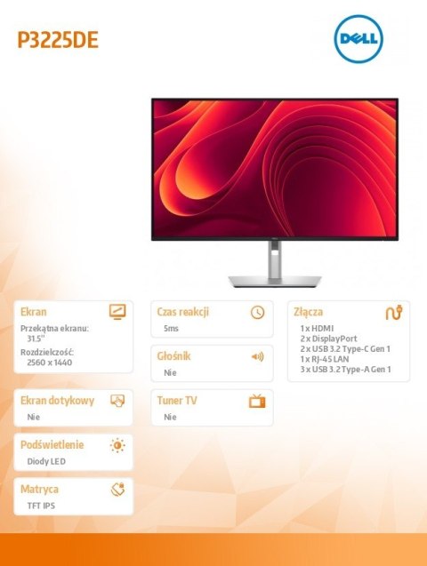 Dell Monitor P3225DE 31.5 cala IPS LED QHD (2560x1440)/16:9/HDMI/DP/USB-C/3xUSB 3.2/RJ45/3Y AES