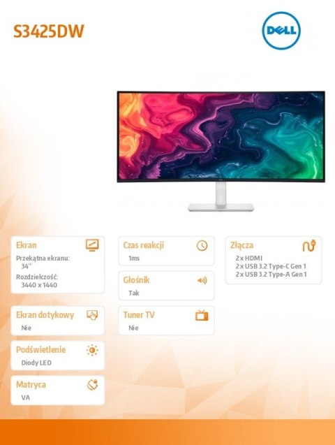 Dell Monitor S3425DW 34 cale Curved AMD FreeSync VA LED WQHD (3440x1440)/2xHDMI/2xUSB-C/2xUSB/3Y AES&PPE
