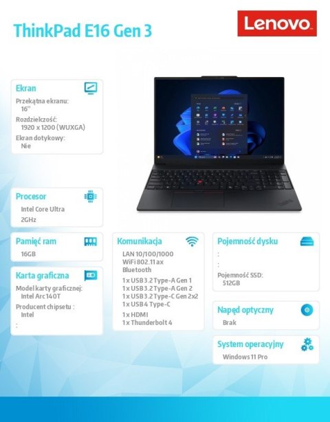 Lenovo Notebook ThinkPad E16 G3 21SR0071PB W11Pro Ultra 7 255H/16GB/512GB/INT/16.0 WUXGA/Black/3YRS OnSite + 1YR Premier Support + CO2 
