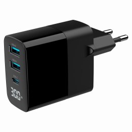 GEMBIRD 3-PORTOWA SZYBKA ŁADOWARKA SIECIOWA GAN (PD) USB (2X USB-A + 1X USB TYP-C), 30W, LCD, CZARNA