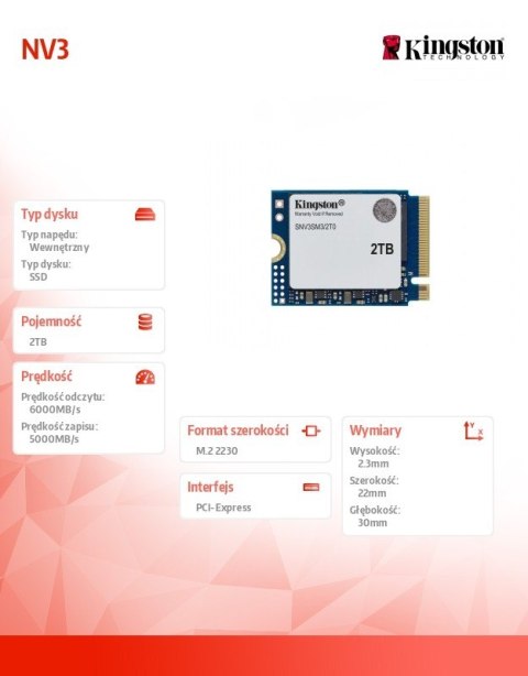 Kingston Dysk SSD NV3 2TB M.2 2230 PCI-e 4.0 NVMe 6000/5000