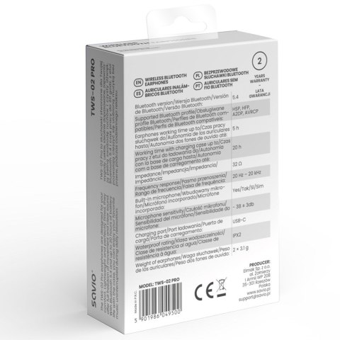 SAVIO SŁUCHAWKI BEZPRZEWODOWE BLUETOOTH TWS-02 PRO