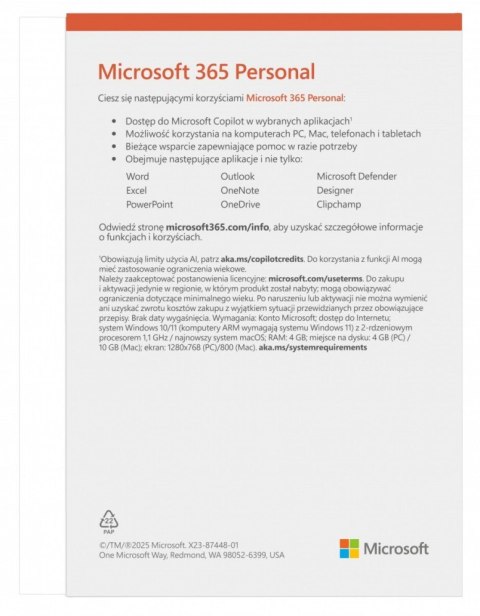 Microsoft M365 Personal PL 1Y 1U 5D Win/Mac EP2-32454 Zastępuje P/N: QQ2-01752