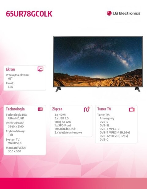 LG Electronics Telewizor LED 65 cali 65UR78GC0LK