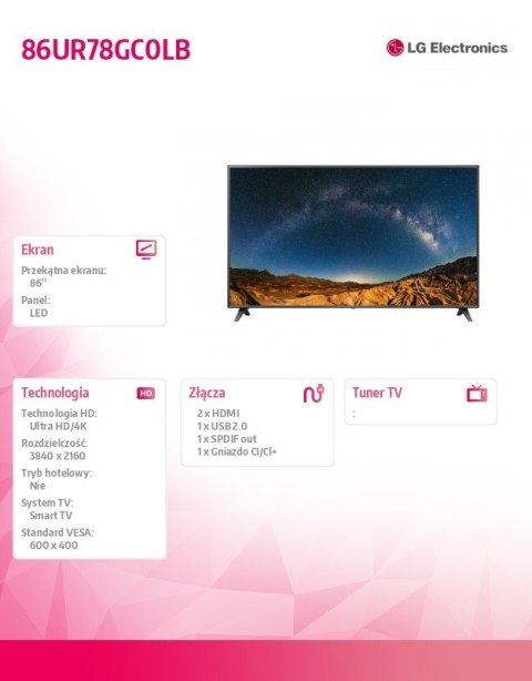 LG Electronics Telewizor LED 86 cali 86UR78GC0LB