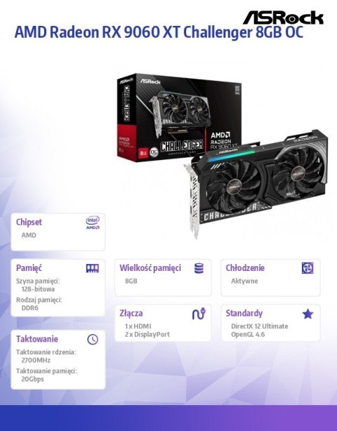 ASRock Karta graficzna RX 9060 XT CHALLENGER 8GB GDDR6 128bit 2DP/HDMI