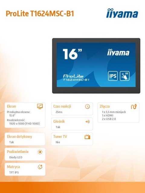 IIYAMA Monitor 15.6 cali T1624MSC-B1 IPS,poj.10pkt.450cd,24/7,media player,6H