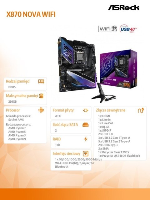 ASRock Płyta główna X870 NOVA WIFI AM5 4DDR5 M.2 ATX