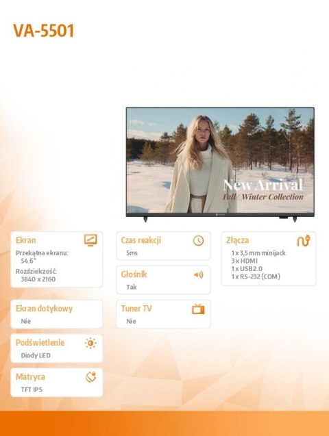AG NEOVO Monitor wielkoformatowy VA-5501 CZARNY 350cd/m2 1200:1 16/7 UHD