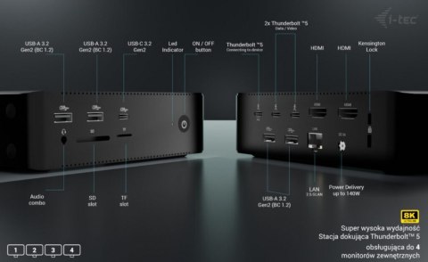 I-tec Stacja dokującaThunderbolt5 Quattro Display Docking Station 5x USB 2.5 GLan Power Delivery 140W
