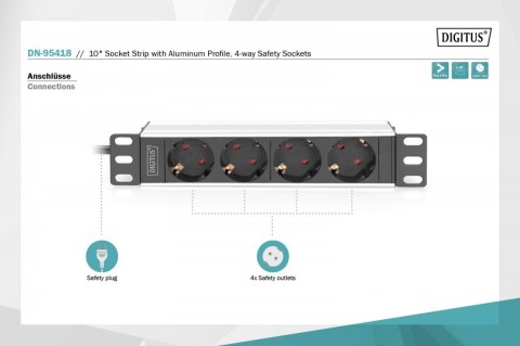 Digitus Listwa zasilająca do szaf 10" RACK 4xSchuko, 2m 1xUnischuko, 16A, aluminiowa