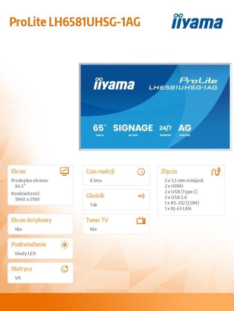 IIYAMA Monitor 65 cali LH6581UHSG-1AG 24/7,VA,ANDROID 14,4K, 2x10W, WiFi, UCHWYT ŚCIENNY, 2xHDMI, USB-C, RJ45, IR, 2xUSB, WHITE