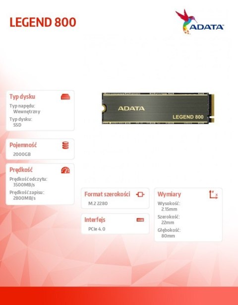 Adata Dysk SSD LEGEND 800 2000GB PCIe 4x4 3.5/2.8 GB/s M2