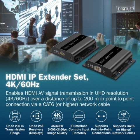 Digitus Przedłużacz (extender) po skrętce kat.6 HDMI 4K/60Hz przez IP 1G lub do 120m/200m, max. 253 odbiorniki, sterowanie IR - zestaw (