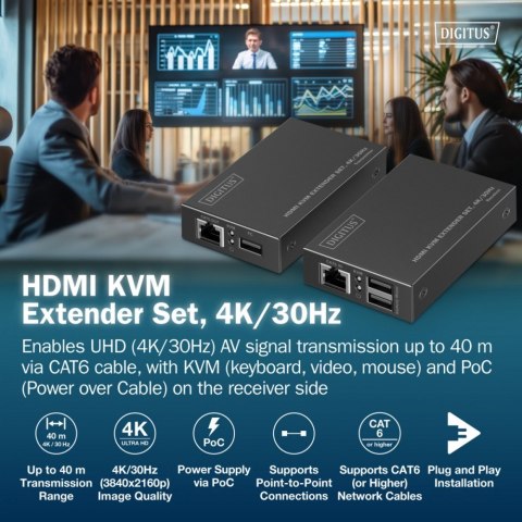 Digitus Przedłużacz (extender) po skrętce kat.6 HDMI 4K/30Hz z KVM USB 1.1 do 40m/70m, max. 253 odbiorniki, sterowanie IR - zestaw (odbi