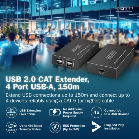 Digitus Przedłużacz (extender) po skrętce kat.6 USB 2.0 do 150m, 4x USB-A do 480 Mbps, 1x RJ45 (Gigabit Ethernet) - zestaw (odbiornik/na