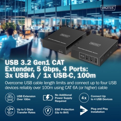 Digitus Przedłużacz (extender) po skrętce kat.6A USB 3.1 Gen1 do 100m, 3x USB-A, 1x USB-C do 5 Gbps, 1x RJ45 (Gigabit Ethernet) - zesta