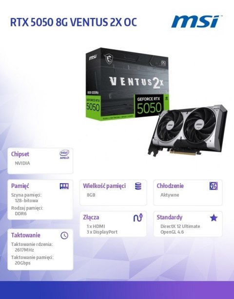 MSI Karta graficzna RTX 5050 8GB VENTUS 2X OC GDDR6 128BIT DP/HDMI