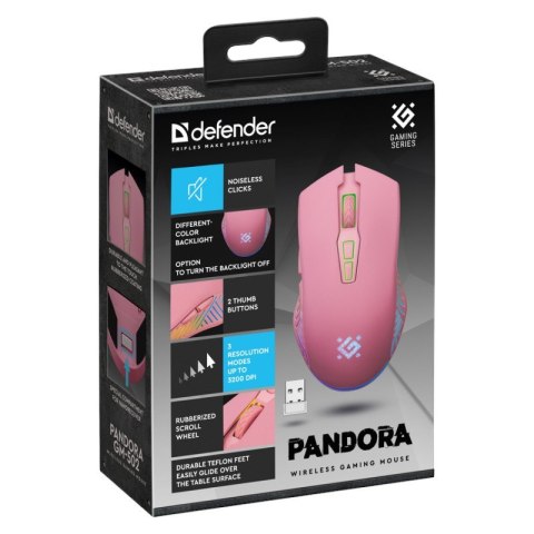 Defender Mysz gamingowa bezprzewodowa PANDORA RF 3200DPI 7P różowa