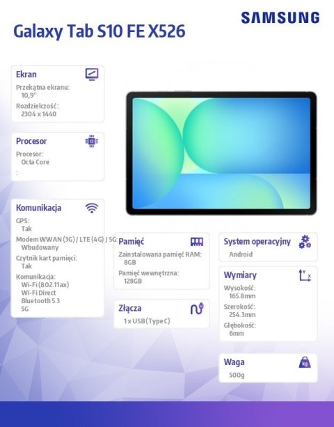 Samsung Tablet Galaxy Tab S10 FE X526 10.9 cala 5G 8/128GB Enterprise Edition szary