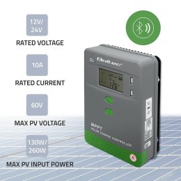Qoltec Solarny regulator ładowania MPPT z czujnikiem temperatury 10A | 12V/24V | LCD | 2xUSB | Bluetooth | APP | GEL | LiFePO4